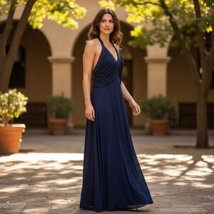 St. John‎ Evening Size 8 Navy Blue Halter Gown Dress Beaded Silk Chiffon Knit